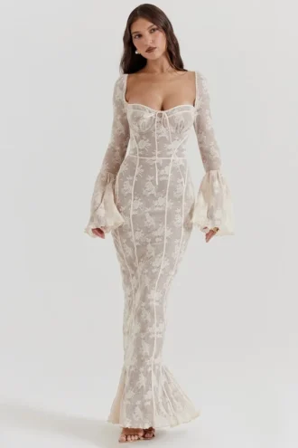 Delilah Vintage crèmekleurige kanten maxi-jurk