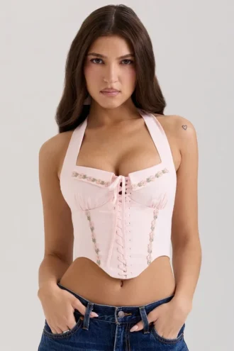 Demi Roze geborduurde stretch katoen korset top