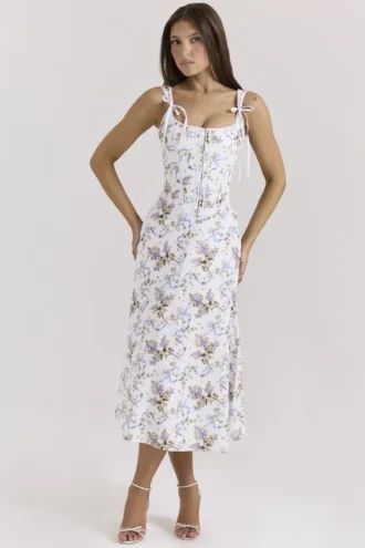 Dionne Off-white katoenen midi-jurk met bloemenprint