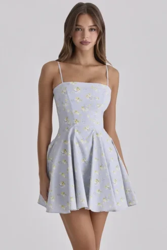 Dolly Blauwe Katoenen Mini-Zomerjurk met Wilde Bloemenprint