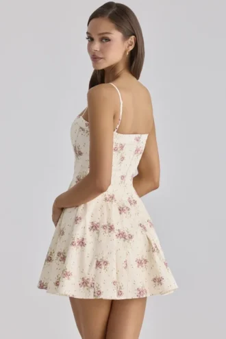 Dolly ivoorkleurige vintage rozenprint katoenen uitlopende mini-zomerjurk