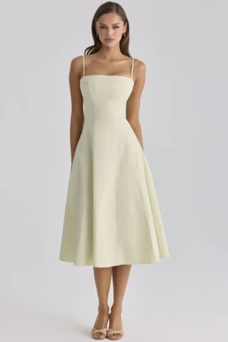 Dolly Matcha Green katoenen midi-zomerjurk met uitlopende pijpen
