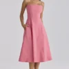 Dolly Raspberry katoenen midi-zomerjurk met uitlopende rok