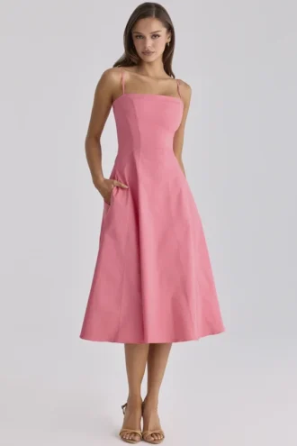 Dolly Raspberry katoenen midi-zomerjurk met uitlopende rok