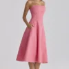 Dolly Raspberry katoenen midi-zomerjurk met uitlopende rok