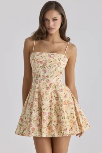 Dolly Warm Rose Print katoenen uitlopende mini-zomerjurk