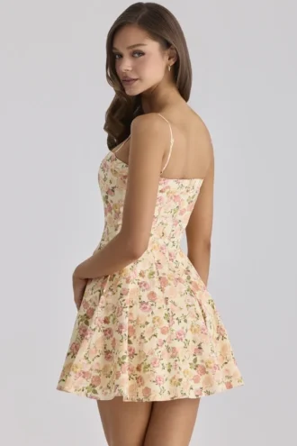 Dolly Warm Rose Print katoenen uitlopende mini-zomerjurk