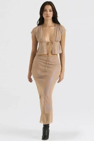 Dyana Shimmer Cafe Au Lait schuin gesneden maxi-rok