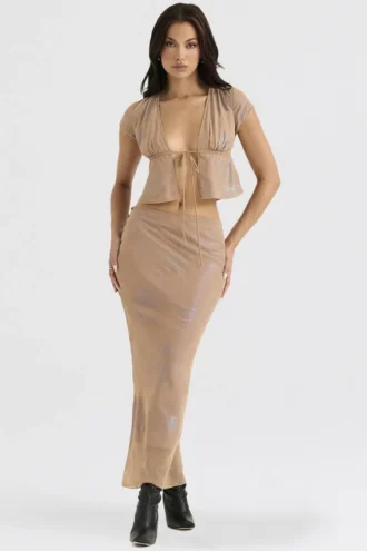 Dyana Shimmer Cafe Au Lait schuin gesneden maxi-rok