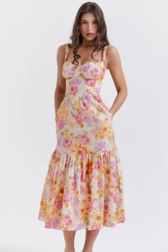 Elia ivoorkleurige midi-zomerjurk met bloemenprint