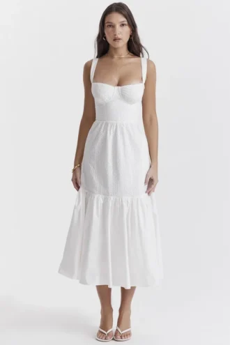 Elia witte midi-zomerjurk met broderie anglaise