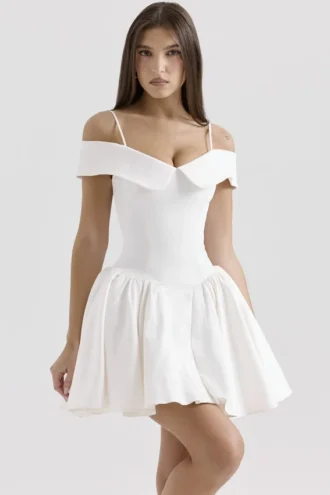Elida witte twill mini-jurk met blote schouders