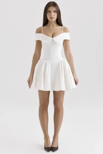 Elida witte twill mini-jurk met blote schouders