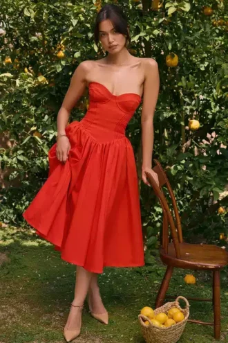 Elizabeth Italiaanse Tomato strapless midi-zomerjurk