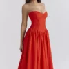 Elizabeth Italiaanse Tomato strapless midi-zomerjurk
