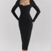 Ella Zwarte stretch crêpe midi-jurk met lange mouwen