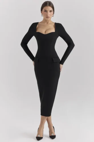 Ella Zwarte stretch crêpe midi-jurk met lange mouwen