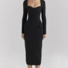 Ella Zwarte stretch crêpe midi-jurk met lange mouwen
