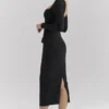 Ella Zwarte stretch crêpe midi-jurk met lange mouwen