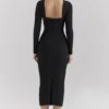 Ella Zwarte stretch crêpe midi-jurk met lange mouwen