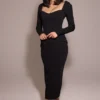 Ella Zwarte stretch crêpe midi-jurk met lange mouwen