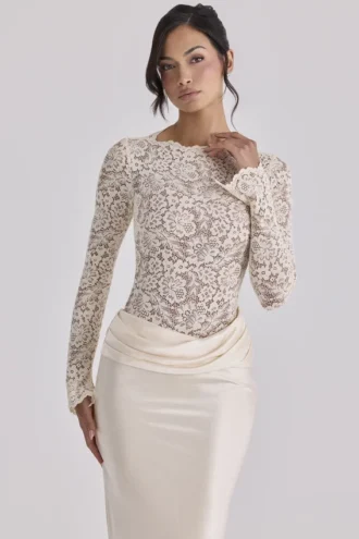 Ellie Vintage ivoorkleurige kanten Body’s met lange mouwen