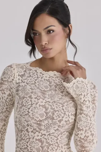 Ellie Vintage ivoorkleurige kanten Body’s met lange mouwen