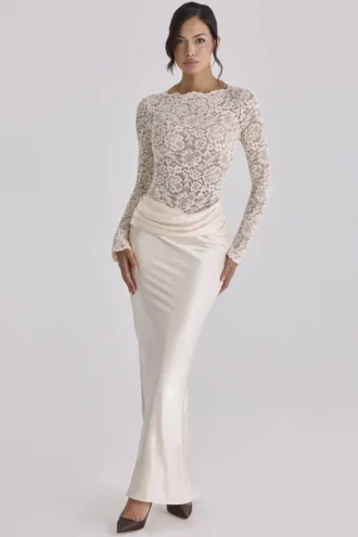 Beau Vintage ivoorkleurige satijnen gedrapeerde maxi-rok