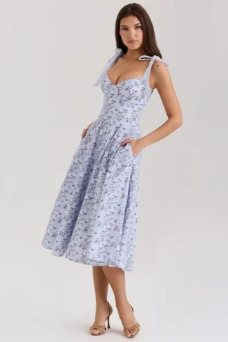 Emely blauwe midi-zomerjurk van stretchkatoen met bloemenprint