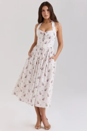 Emilia Crème Midi-jurk met bloemenprint van stretchkatoen en halternek