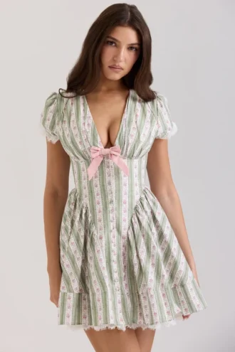 Emiliana groene gestreepte mini-jurk van stretchkatoen met bloemenprint