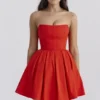 Emmanuela Italiaanse tomatenkleurige strapless geplooide mini-jurk