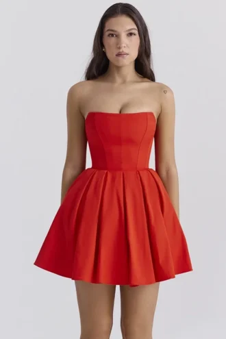 Emmanuela Italiaanse tomatenkleurige strapless geplooide mini-jurk