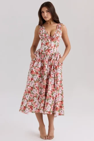Emmelina bloemenprint met rozen, stretch katoenen korsetten-zomerjurk