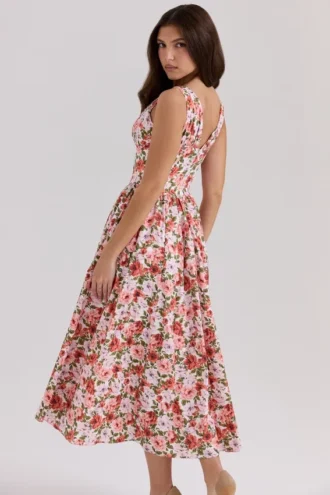 Emmelina bloemenprint met rozen, stretch katoenen korsetten-zomerjurk