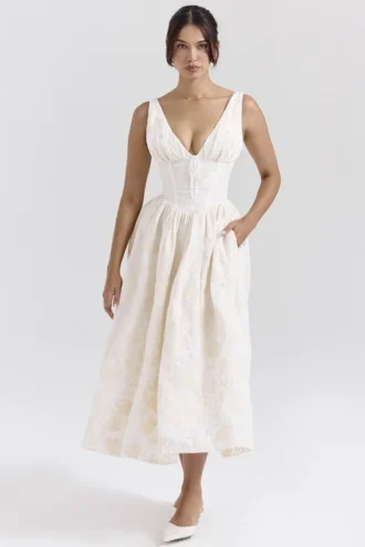Emmelina Vintage ivoorkleurige bloemenborduursel korsetjurk voor de zomer