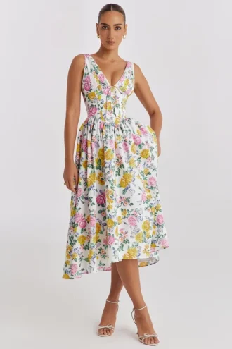 Emmelina witte katoenen korsetjurk met vintage rozenprint