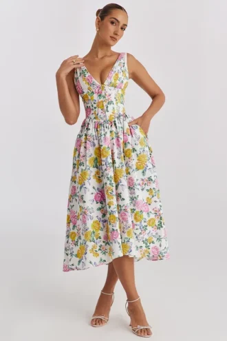 Emmelina witte katoenen korsetjurk met vintage rozenprint