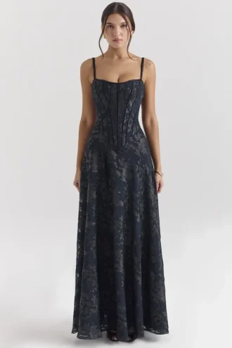 Esme middernachtblauwe lurex chiffon maxi-jurk