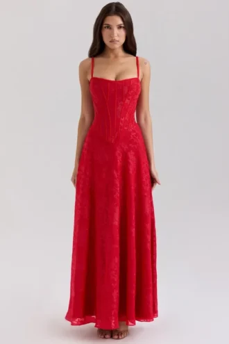 Esme rode lurex chiffon maxi-jurk