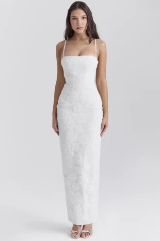 Eva witte maxi-jurk met bloemenkant
