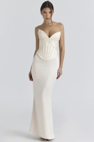 Eve ivoorkleurige satijnen korset maxi-jurk – Limited Edition