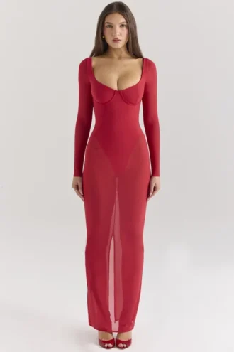 Everly Holly rode maxi-jurk van mesh met Body’s