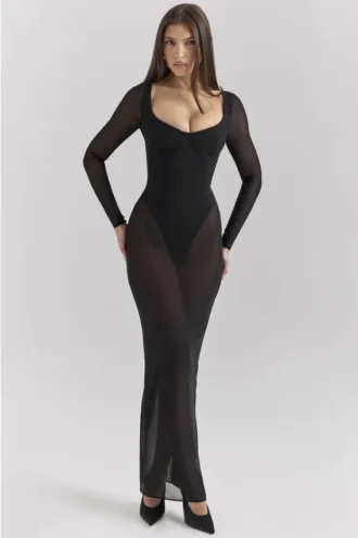 Everly zwarte maxi-jurk van mesh met Body’s