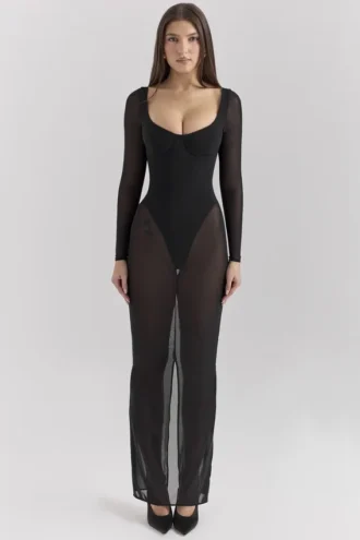 Everly zwarte maxi-jurk van mesh met Body’s