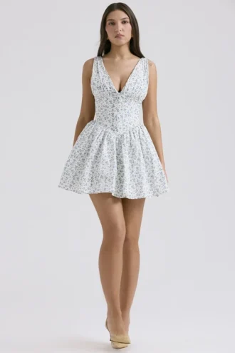 Fabrizia witte mini-korsetjurk met blauwe klokjesprint