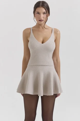 Fern Biscuit wollen kasjmier geribbelde mini-rok met volants