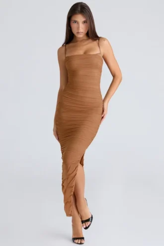 Fornarina Tan gerimpelde stretch mesh maxi-jurk
