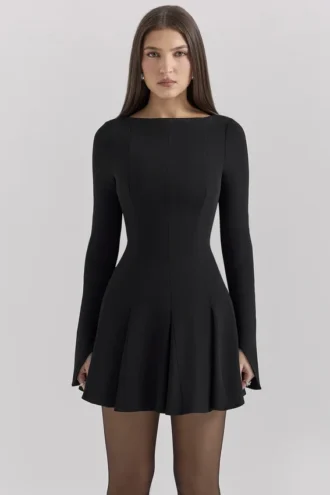 Francesca Zwarte stretch crêpe mini-jurk met godet