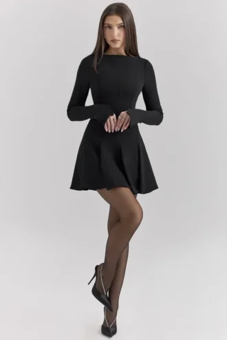 Francesca Zwarte stretch crêpe mini-jurk met godet